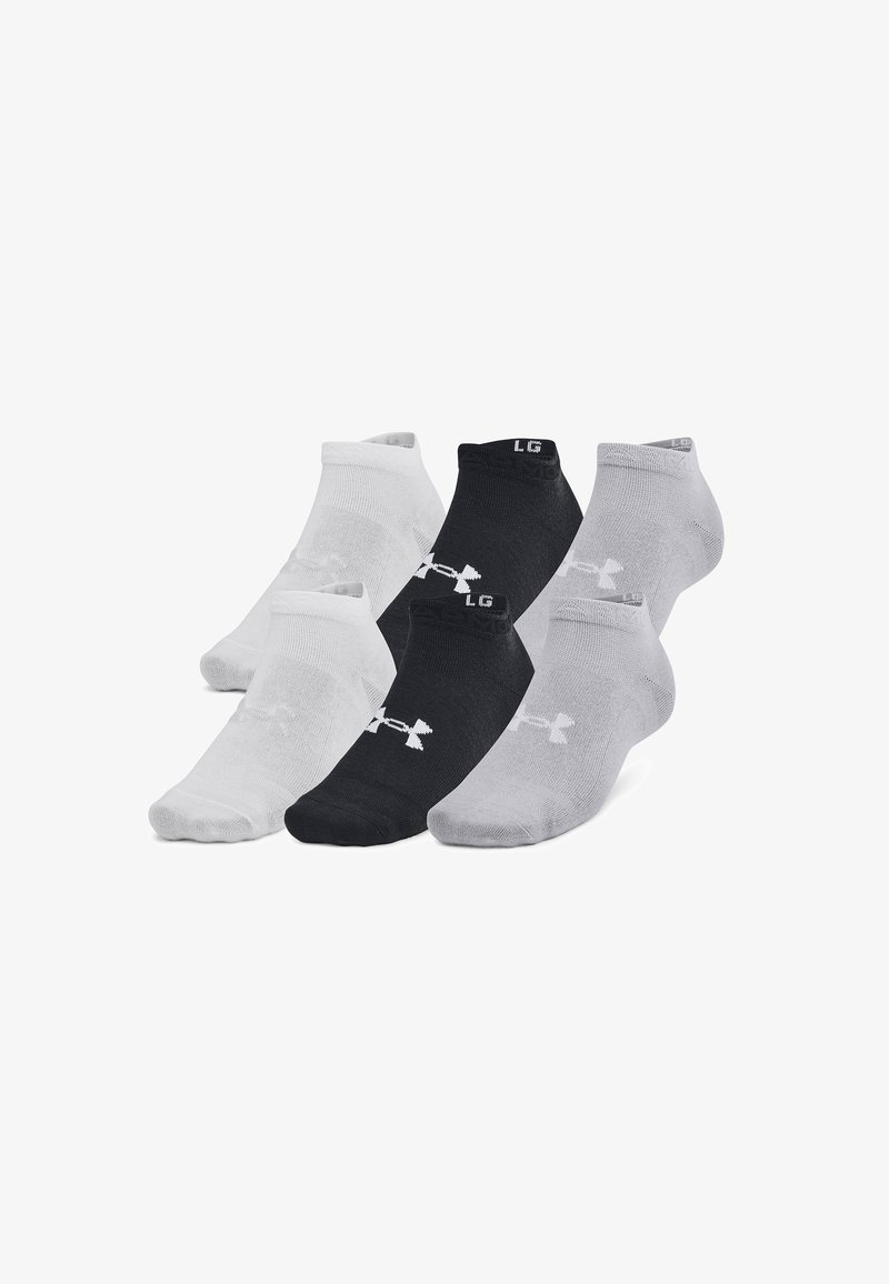 Three pairs of low-cut socks: one white, one gray, and one black. Each features a logo on the side and a soft, textured knit material.
