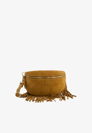 Bruine suède halvemaan crossbodytas met gouden rits, verstelbare band, franjes langs de onderkant en "VENEZIA" logo aan de voorkant.