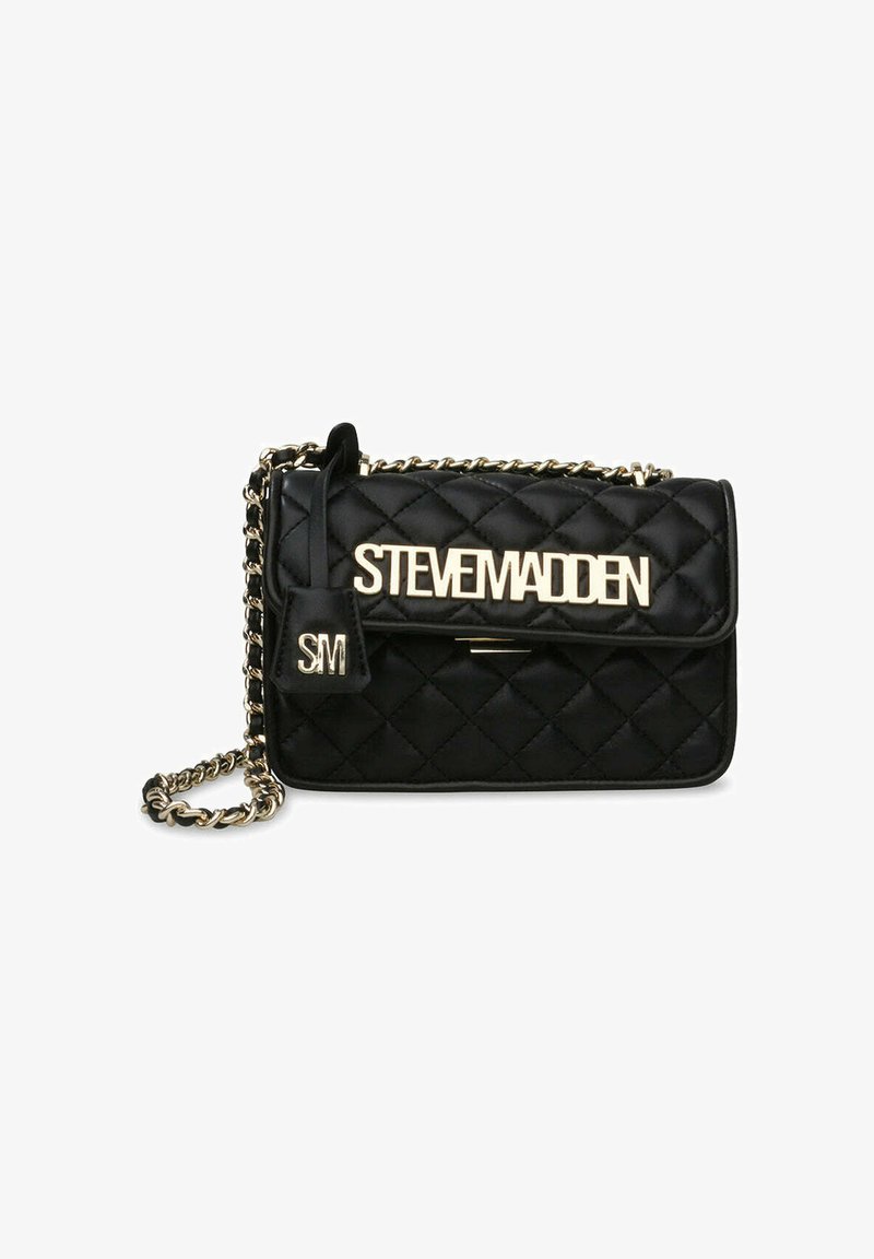 Black quilted handbag made of synthetic material, featuring a gold-tone chain strap, logo clasp, and a small tag with the letter "S."