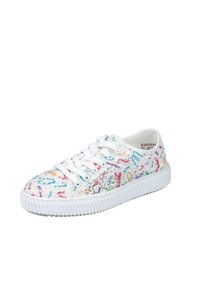 Baskets lacées avec un dessus en textile blanc ornées de motifs floraux colorés, une semelle en caoutchouc texturée et des lacets blancs plats.