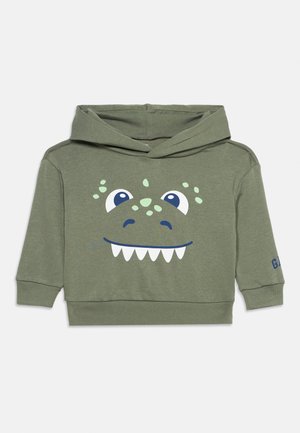 Kinderhoodie in olijfgroen met een dinosaurusgezichtsprint, inclusief ogen, neusgaten, tanden en vlekken, met lange mouwen en een voorzak.