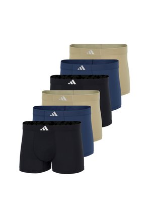 Sei paia di boxer da uomo in nero, blu navy e beige con un piccolo logo bianco sulla fascia, disposti in una linea sfalsata.