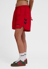 Röda shorts med dragsnöre i midjan, med svarta chevron-accenter och en logga. Matchas med gröna och röda skor samt vita strumpor.