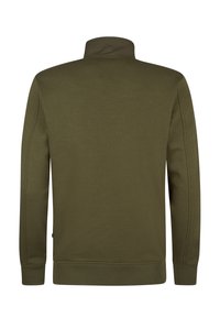 Olivengroene sweatshirt met een hoge kraag, lange mouwen, ribgebreide manchetten en zoom, met een gestructureerde stof en naden aan de zijkant.