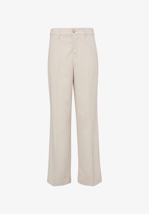 Pantaloni a gamba larga beige con una texture di tessuto liscia. Presentano una chiusura frontale con bottone e una vita classica. Design frontale piatto senza motivi.