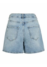 Shorts in denim bluastro con vita alta, due tasche posteriori e orlo sfilacciato. Il tessuto ha un aspetto leggermente strutturato.