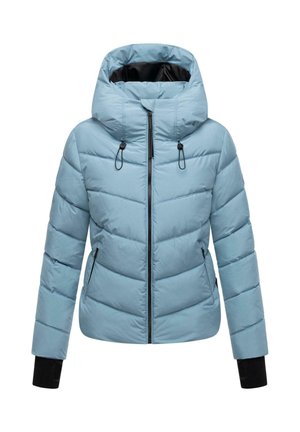 Lichtblauwe gewatteerde winterjas met een hoge kraag en capuchon, een ritssluiting aan de voorkant, ritszakken aan de zijkanten en zwarte binnenmanchetten.
