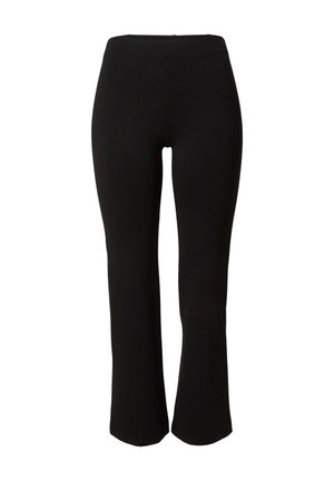 Black, high-waisted, straight-leg pants with a fitted waist and slight flare at the bottom on a white background.