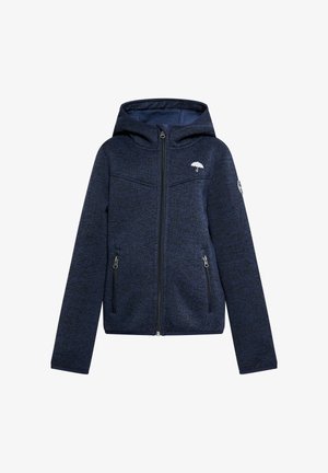 Granatowy bluz z kapturem na suwak z teksturowanym wzorem dzianiny, dwoma bocznymi kieszeniami i kapturem. Posiada małe białe logo na wysokości klatki piersiowej.
