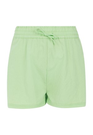 Lichtgroene katoenen shorts met een elastische tailleband en trekkoord, met een gestructureerd geruit patroon over de hele stof.
