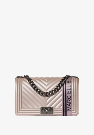 Quilted beige handbag featuring a metallic chain strap, rectangular shape, logo clasp, and pink stripe with "MARC ELLIS" text.