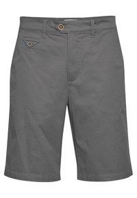 Pantalones cortos de algodón grises con corte recto, que cuentan con un cierre frontal de botón, bolsillos laterales y un detalle de bolsillo triangular en la parte frontal.