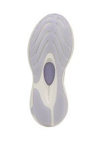 Suola di una sneaker con una base in gomma bianca e accenti lavanda, caratterizzata da motivi di battistrada ondulati e da un'area traslucida con un logo.