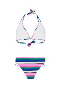 Zestaw bikini składający się z białego topu w kształcie trójkąta z wielokolorowymi paskami oraz pasujących majtek w paski z regulowanym zapięciem.