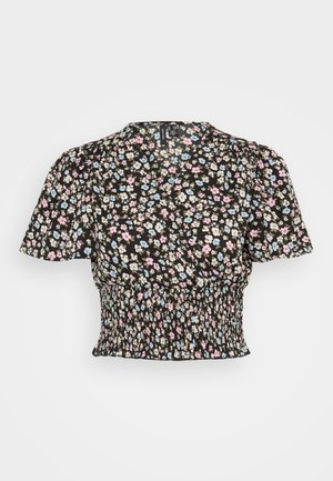Black floral blouse with short puff sleeves, featuring blue, pink, and white flowers, gathered waist, and a subtle textured fabric.