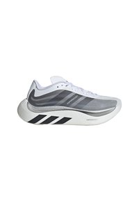 Λευκό και γκρι παπούτσι τρεξίματος Adidas Hyperboost με παχιά σόλα, μαύρες ρίγες κοντά στη φτέρνα και κλείσιμο με κορδόνια σε λευκό φόντο.