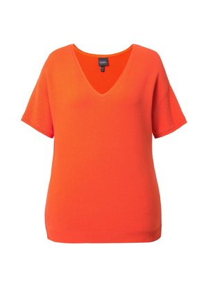 Top de punto de color naranja brillante, de mangas cortas y con escote en V, con un dobladillo acanalado. Textura suave y corte relajado, adecuado para un uso casual.