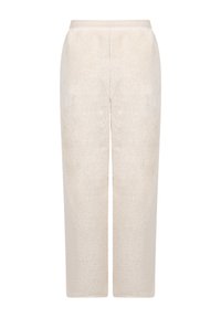 Crème-kleurige broek van een zachte, gestructureerde fleece-stof. Rechtafgaande pijpen met een elastische tailleband. Geen zichtbare patronen of accenten.