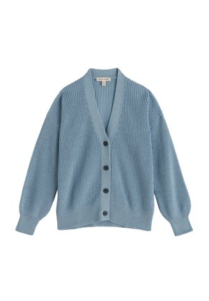 Cardigan tricotat bleu deschis, cu gât în formă de V, textură striată, mâneci supradimensionate și cinci nasturi negri în față.