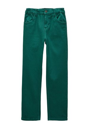 Pantalons en denim verts avec une coupe droite, poches avant et fermeture à bouton avec une taille classique. Texture lisse.