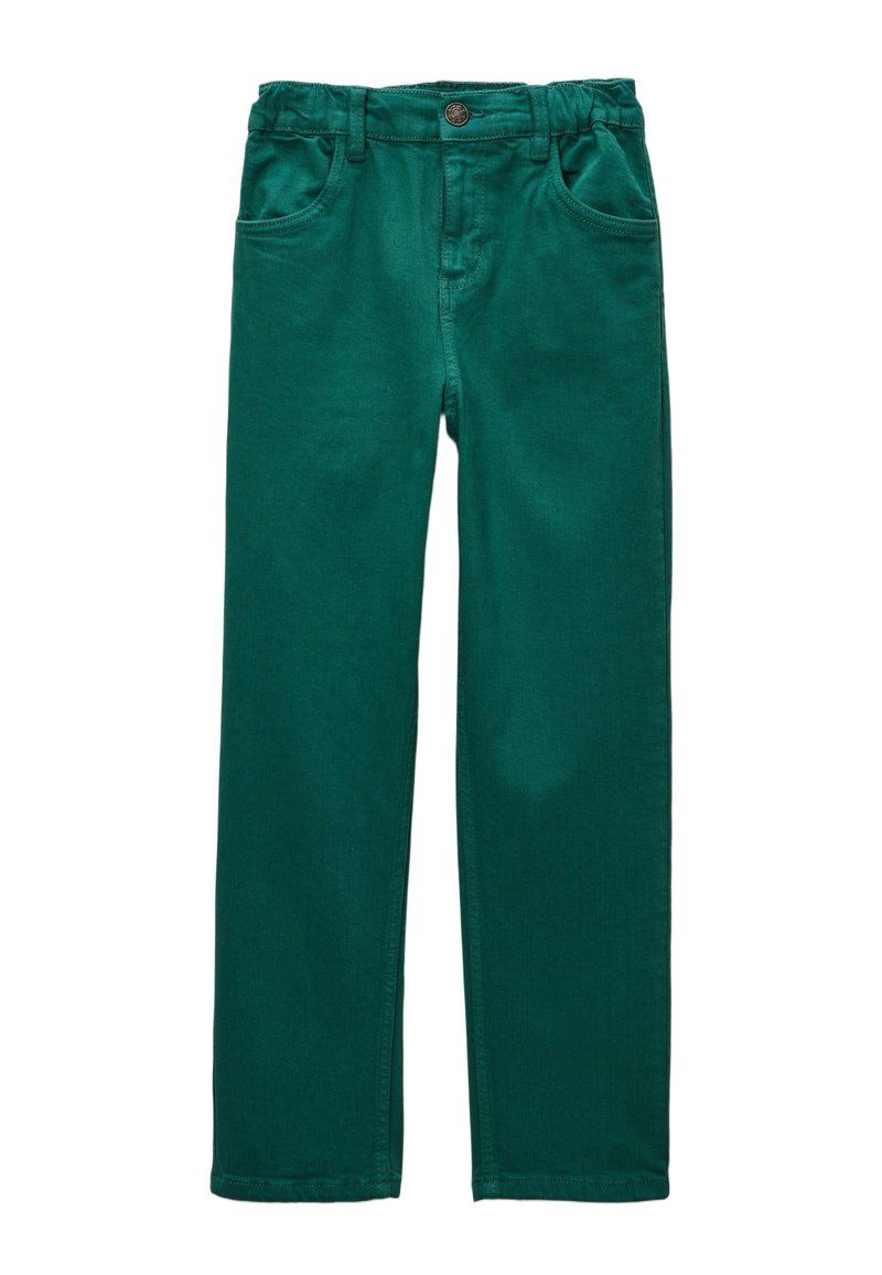 Pantalons en denim verts avec une coupe droite, poches avant et fermeture à bouton avec une taille classique. Texture lisse.