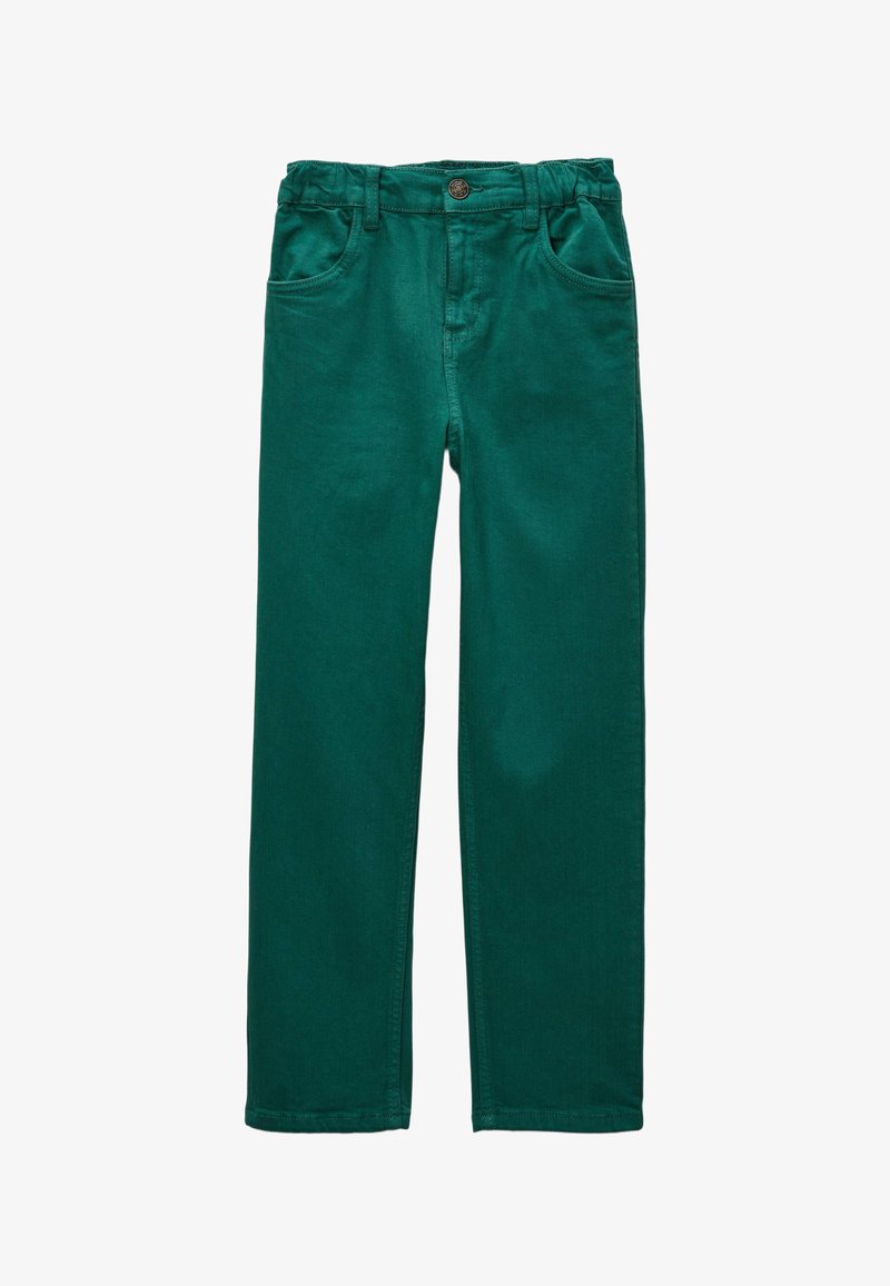 Pantalons en denim verts avec une coupe droite, poches avant et fermeture à bouton avec une taille classique. Texture lisse.