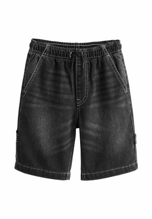 Zwarte denim shorts met een elastische tailleband, een koord aan de voorkant, zijzakken en zichtbare witte stiksels op een witte achtergrond.
