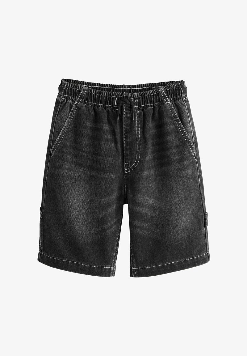 Shorts en denim noir avec taille élastique, cordon de serrage frontal, poches latérales et coutures blanches visibles sur fond blanc.