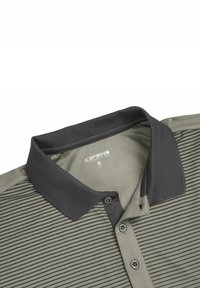 Poloshirt met korte mouwen in olijfgroen met zwarte horizontale strepen, een zwarte geribde kraag en een drieknopenlijst. Maat M.