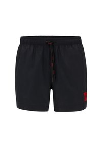 Schwarze Badehose aus leichtem Material. Mit elastischem Bund und Zugband sowie einem roten Logo-Patch am linken Bein.