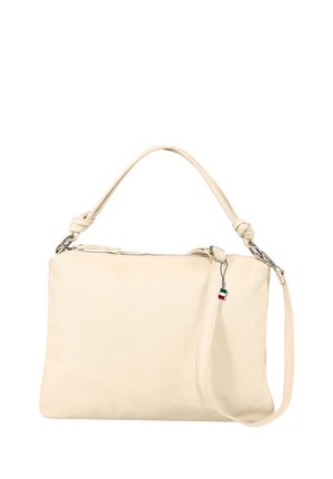 Crèmekleurige leren handtas met geknoopte handgreep, afneembare schouderriem en een klein Italiaans vlaggetje aan de rits.