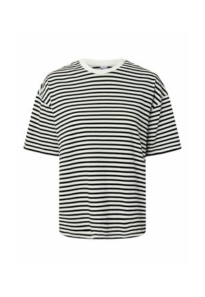 Sort-hvid kortærmet T-shirt med horisontale striber, rund hals og afslappet pasform, vist på en hvid baggrund.