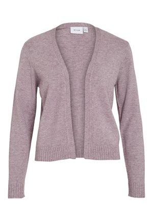 Lys lavendel cardigan laget av myk strikket stoff. Den har åpen front, ribbede mansjetter og nederkant, med en avslappet passform og middels lengde.