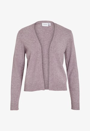 Light lavender cardigan made of soft knit fabric. Features a open front, ribbed cuffs and hem, with a relaxed fit and medium length.