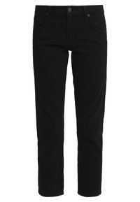 Černé džíny z denimu s rovnou nohavicemi, klasickým pěti-pocket stylem, zapínáním na knoflíky a minimálním prošíváním.