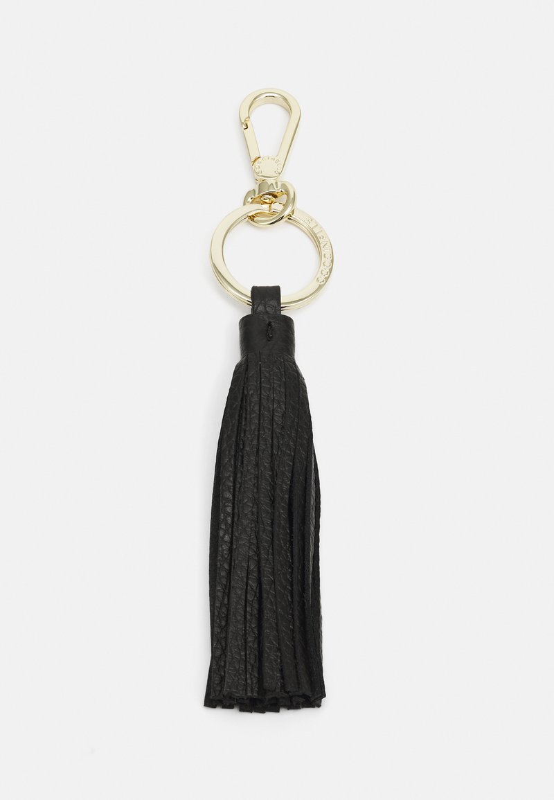 Sort læder nøglering med en lang kvast, udstyret med en guldfarvet metalclip og ring til fastgørelse. Kvasthånden har en struktureret overflade.