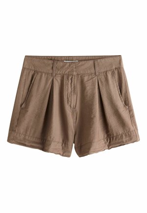 Rudi aukštos liemens šortai su priekinėmis klostėmis, šoninėmis kišenėmis, diržo kilpelėmis ir slėptu priekiu užsegimu, pateikti ant balto fono.