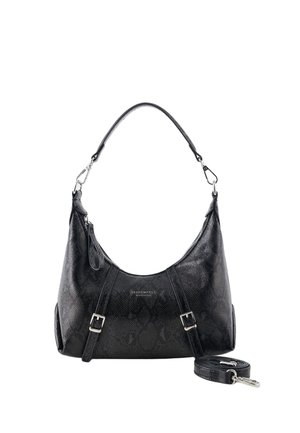 Schwarze, strukturierte Lederhandtasche mit silbernen Schnallen und abnehmbarem langen Trageriemen, halbmondförmig und mit oberem Griff zum Tragen über der Schulter.