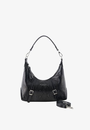 Schwarze, strukturierte Lederhandtasche mit silbernen Schnallen und abnehmbarem langen Trageriemen, halbmondförmig und mit oberem Griff zum Tragen über der Schulter.