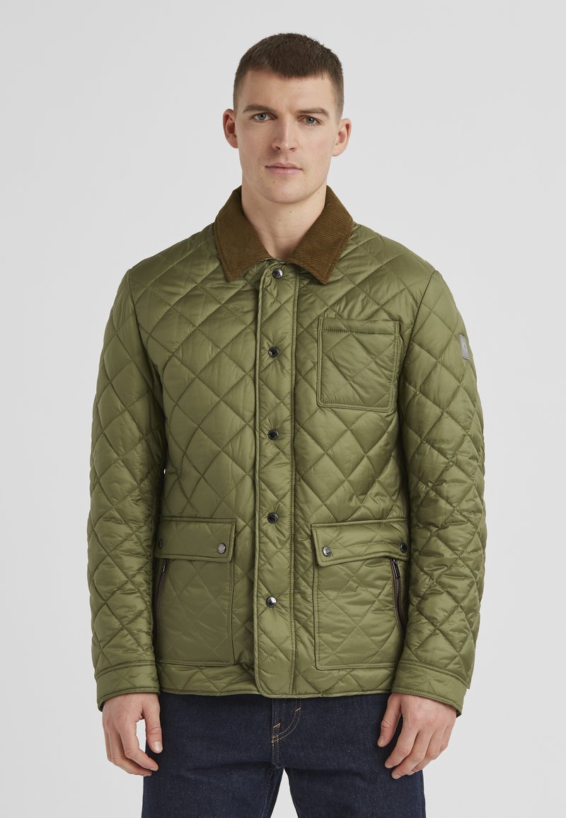 Gepolsterte gesteppte Jacke in Olivgrün, mit einem Cordkragen, Fronttaschen, Druckknöpfen und einem geometrischen Rautenmuster.