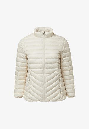 Kurtka puchowa w kolorze kremowym z wysokim kołnierzem, poziomym oraz w kształcie chevrona wzorem pikowania, z suwakiem z przodu i dwoma bocznymi kieszeniami.