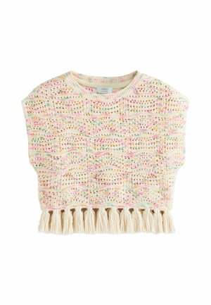 Gestricktes Cropped-Top in Creme mit mehrfarbigen Sprenkeln. Verfügt über eine offene Webstruktur und beige Fransen am Saum, die ein geschichtetes Erscheinungsbild schaffen.