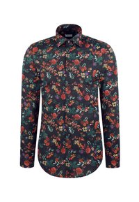 Camicia nera a maniche lunghe con bottoni, decorata da un motivo floreale colorato nei toni di rosso, arancione, giallo, verde e viola.