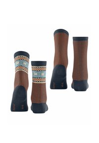 Bunt gemusterte Baumwollsocken in dunklem Blau, Orange und Teal mit strukturierten Designs und gerippten Bündchen.