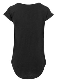Schwarzes T-Shirt mit kurzen Ärmeln, rundem Halsausschnitt, lockerer Passform und einem etwas längeren Saum hinten. Hergestellt aus weichem, leichtem Stoff.