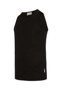 Schwarzes ärmelloses Tanktop aus geripptem Stoff. Hat einen runden Halsausschnitt und dezente Logodetails auf der Brust. Einfaches, eng anliegendes Design.