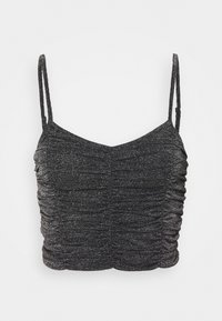 Svart glittrig cami-top med tunna axelband, med vertikal drapering för textur och en v-ringning. Mjuk, elastisk material.