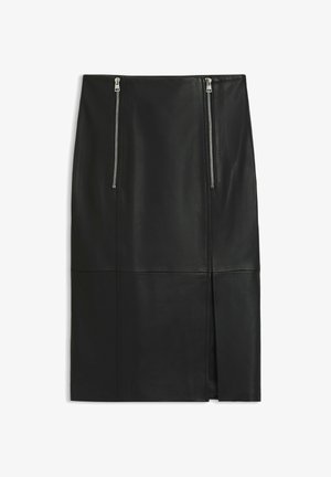 Black leather skirt with front zippers, knee-length, featuring a distinct seam line and a side slit for added detail. Smooth texture.