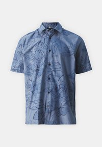 Camicia a maniche corte con bottoni in tessuto blu chiaro, caratterizzata da un motivo floreale a righe, con colletto classico e cinque bottoni neri.