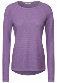 Maglione a maniche lunghe viola con una texture a costine, scollatura rotonda e orlo leggermente curvato. Realizzato in materiale morbido e leggero.